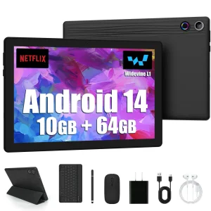 Android 14 10 inch Tablet, A523 Octa Core, 8GB RAM + 64GB ROM, Keyboard & Amp, Mouse Set, Black