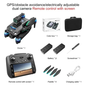 Long-Endurance (2Batteries 45min) GPS Drone Dual Cameras 5.9In LCD Remote Controller Brushless Motor Quad Obstacle Avoidance