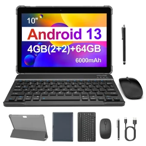 BAKEN 10.1-inch Android 13 Tablet Quad-Core Processor, 4GB RAM+64GB ROM, Dual Cameras, Wifi, Bluetooth